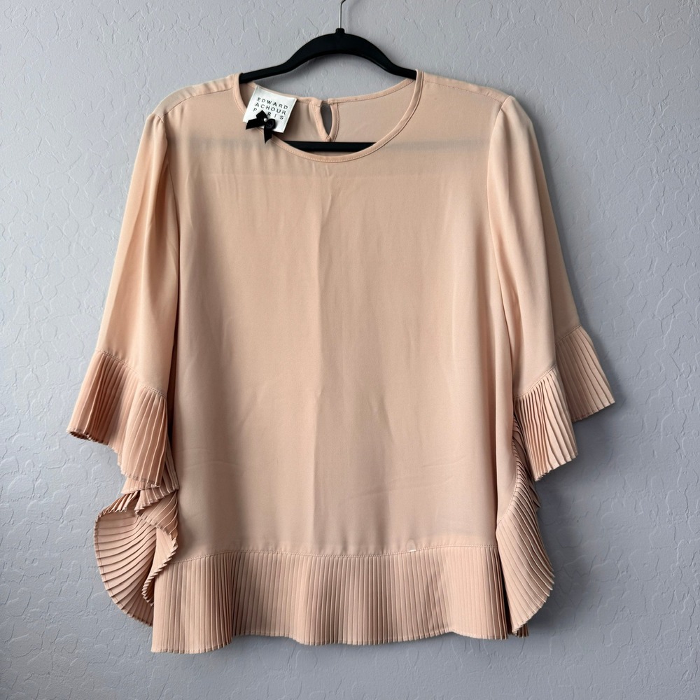 Edward Achour Paris Size 42 Large Blouse Peach Half Sleeve Pleated Flounce Hem